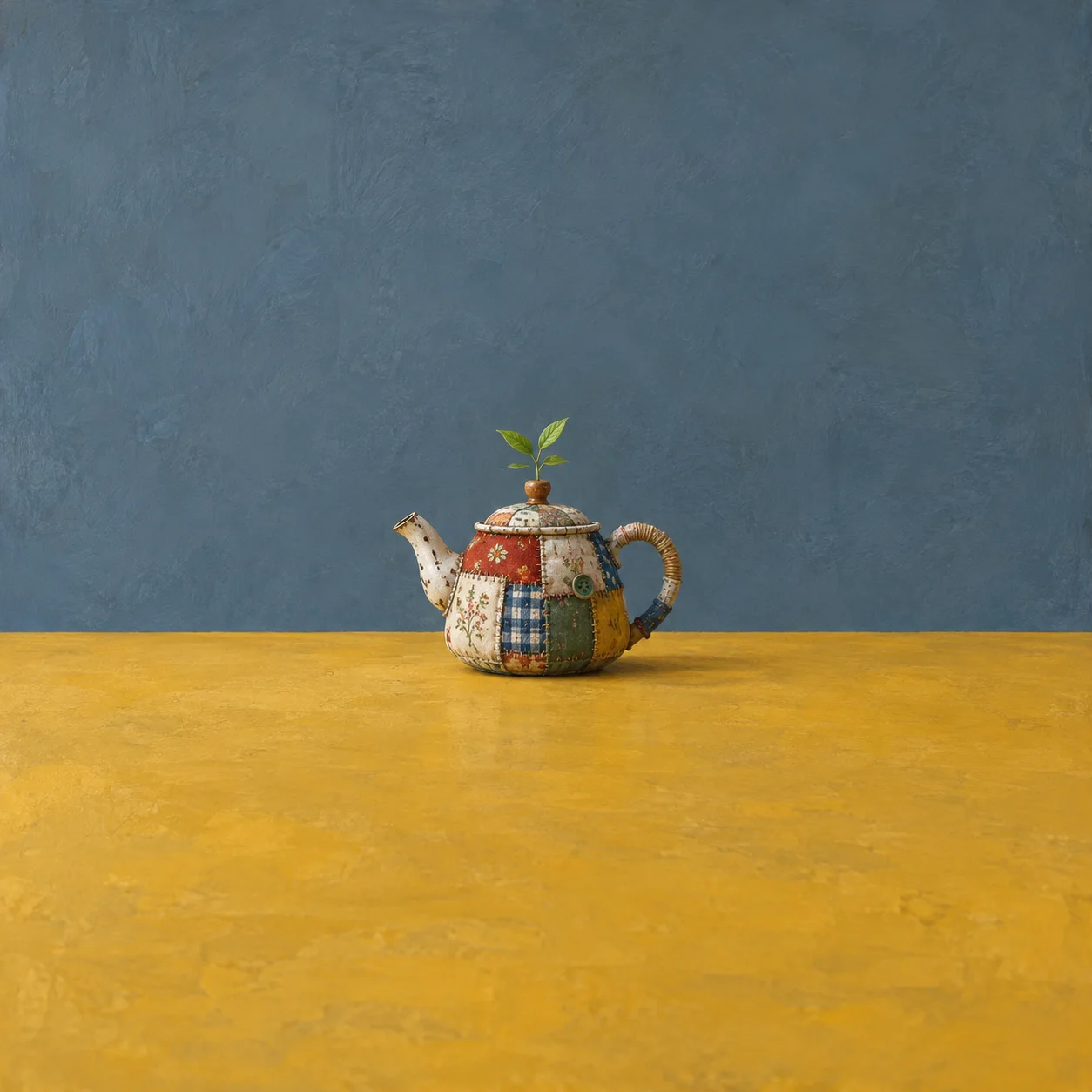 A patched, crooked teapot with a green sprout growing from its lid on a mustard-colored table.