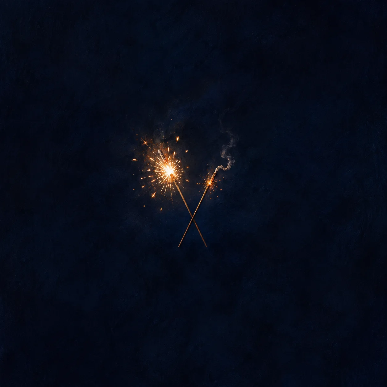 Two crossed sparklers glow against a dark-blue background, one brightly and the other with a smaller trail of sparks.