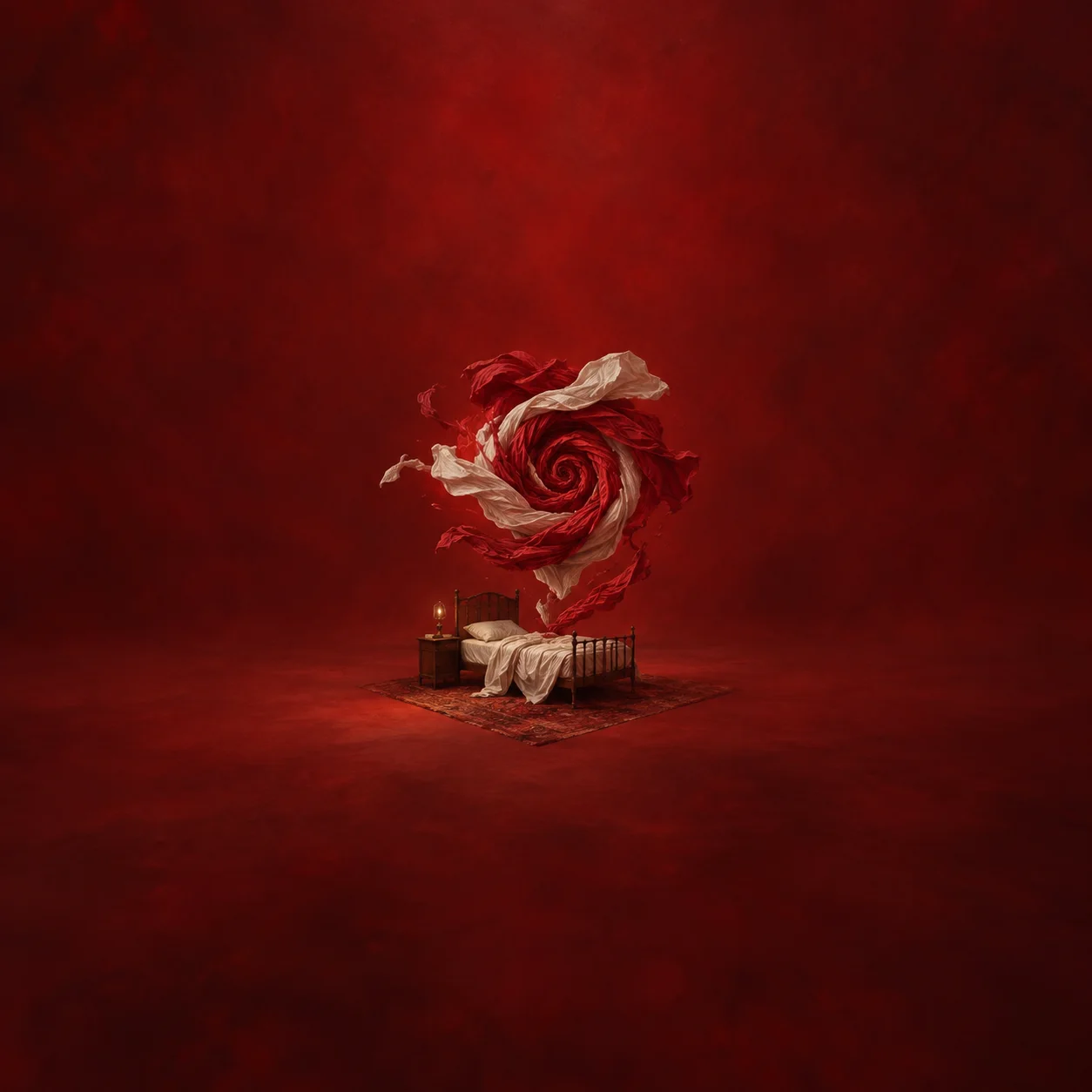 Red and white bedsheets swirl in a large spiral above a small empty bed against a deep red background.