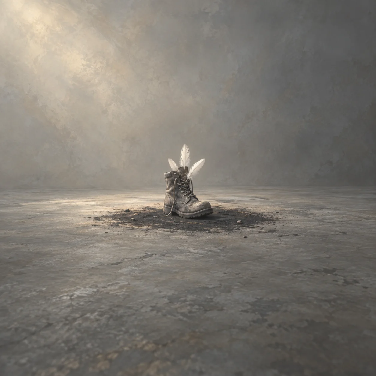 Painterly grey work boot with white feathers rising from its laces on a scorched patch of floor.