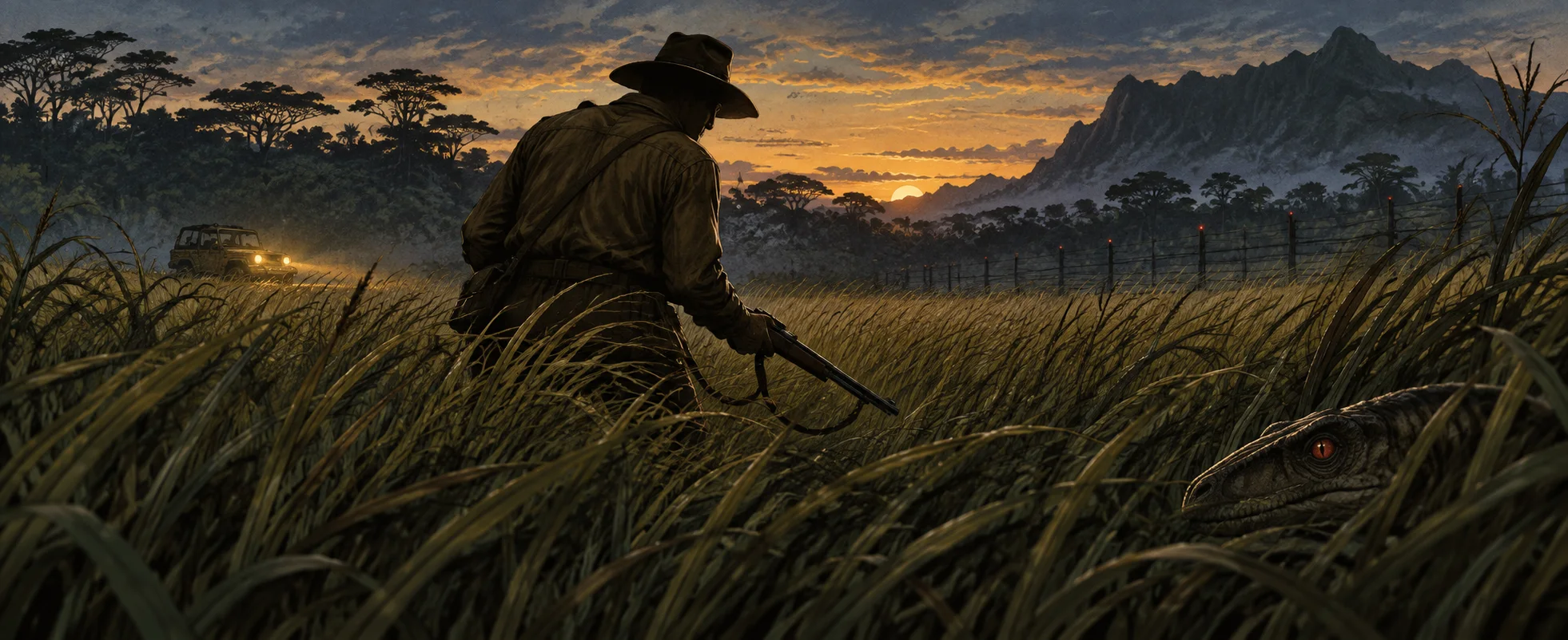 A hunter in a wide-brimmed hat crouches with a rifle in tall grass at dusk, unaware of a raptor's eye glinting beside him.