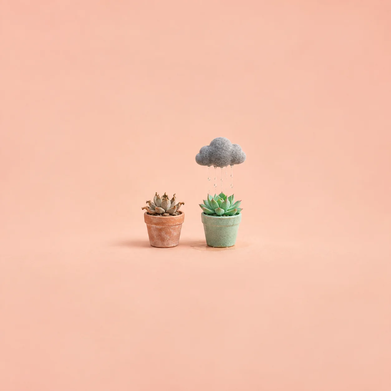 A small grey cloud rains on one of two potted succulents while the other remains dry.