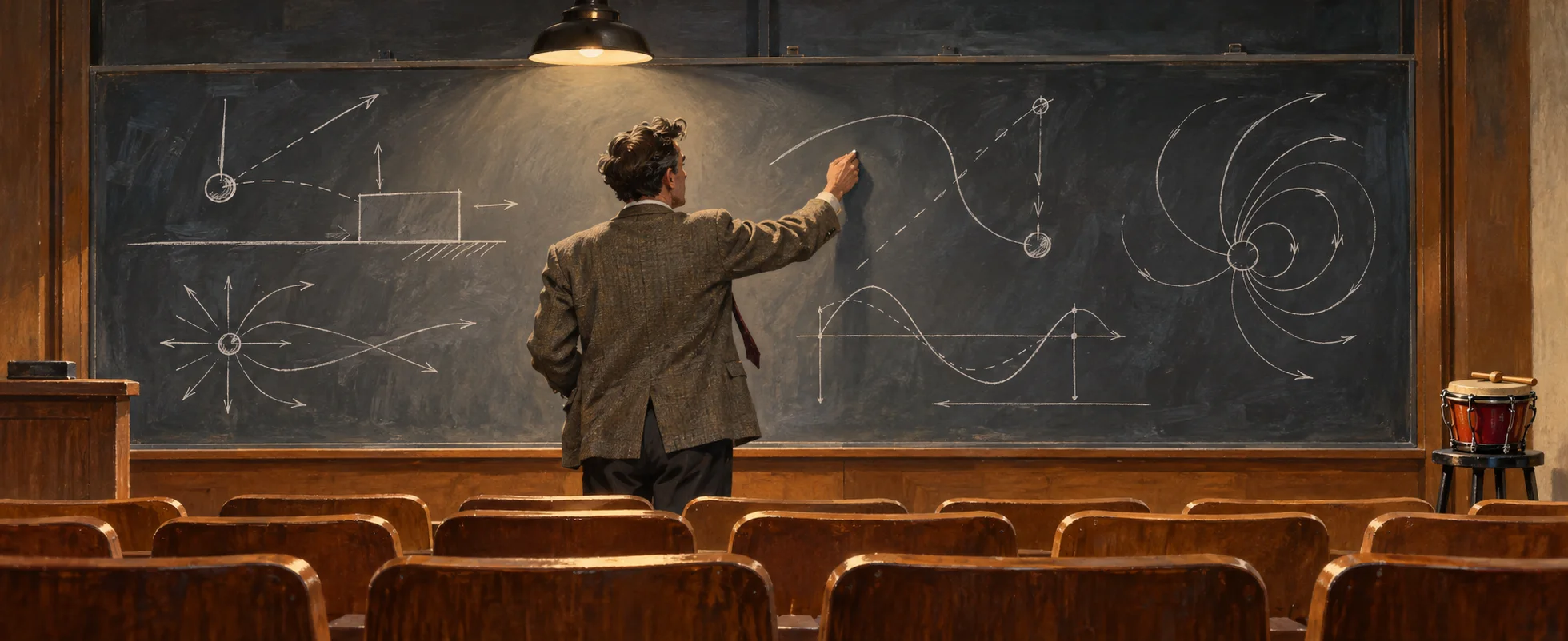 A lecturer in a tweed jacket draws diagrams on a wide chalkboard in an empty lecture hall, a bongo drum on a stool at the side.