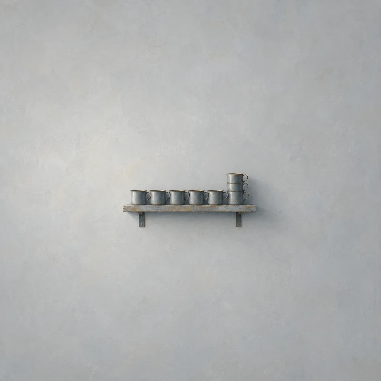 A row of metal mugs stands on a wall shelf with a taller stack at one end.