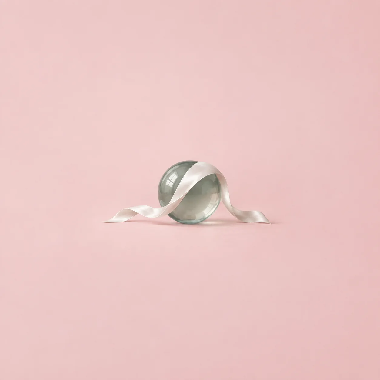 A white satin ribbon draped smoothly over a clear glass sphere on a powder-pink background.