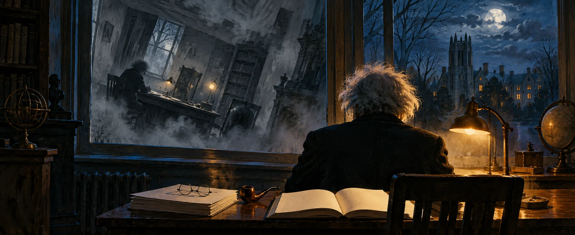 A white-haired man sits at a desk by night looking at a tall window whose reflection shows a misty, distorted copy of the room.