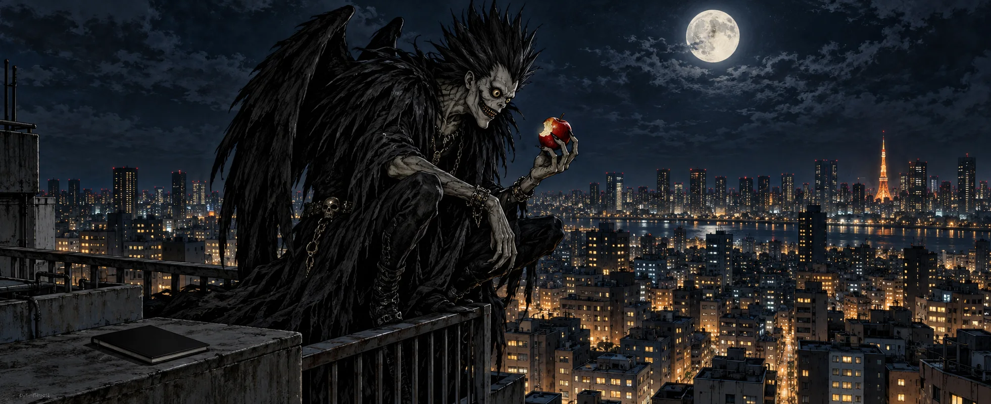 A winged death god with a wide grin holds an apple as he perches above a city at night.