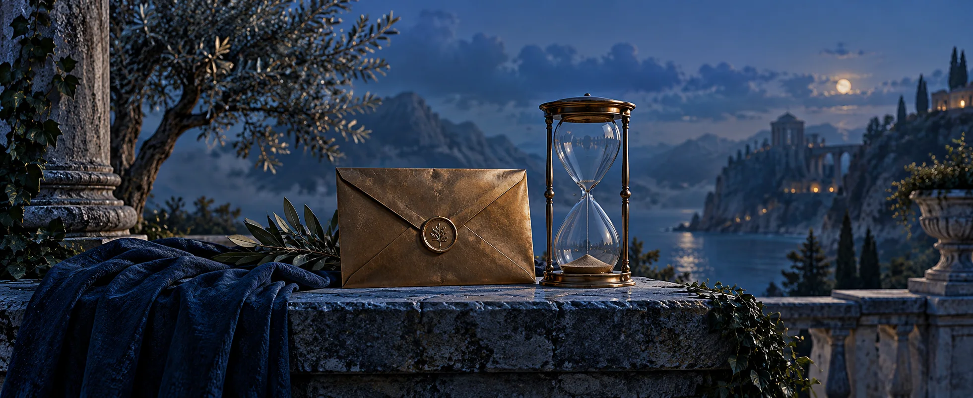 An unopened bronze envelope and an hourglass stand on a blue-lit stone ledge above a dark lake.