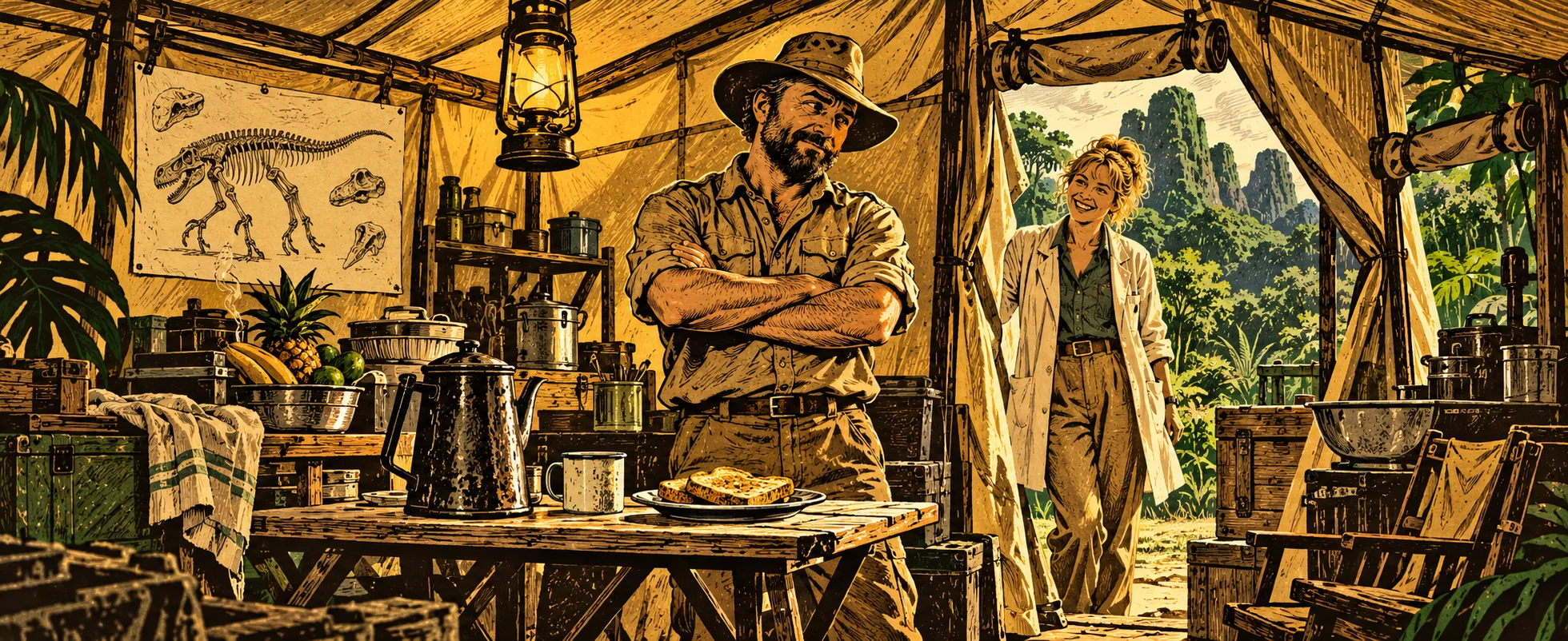 A palaeontologist in a hat folds his arms in a field tent hung with a dinosaur skeleton chart as a colleague enters.