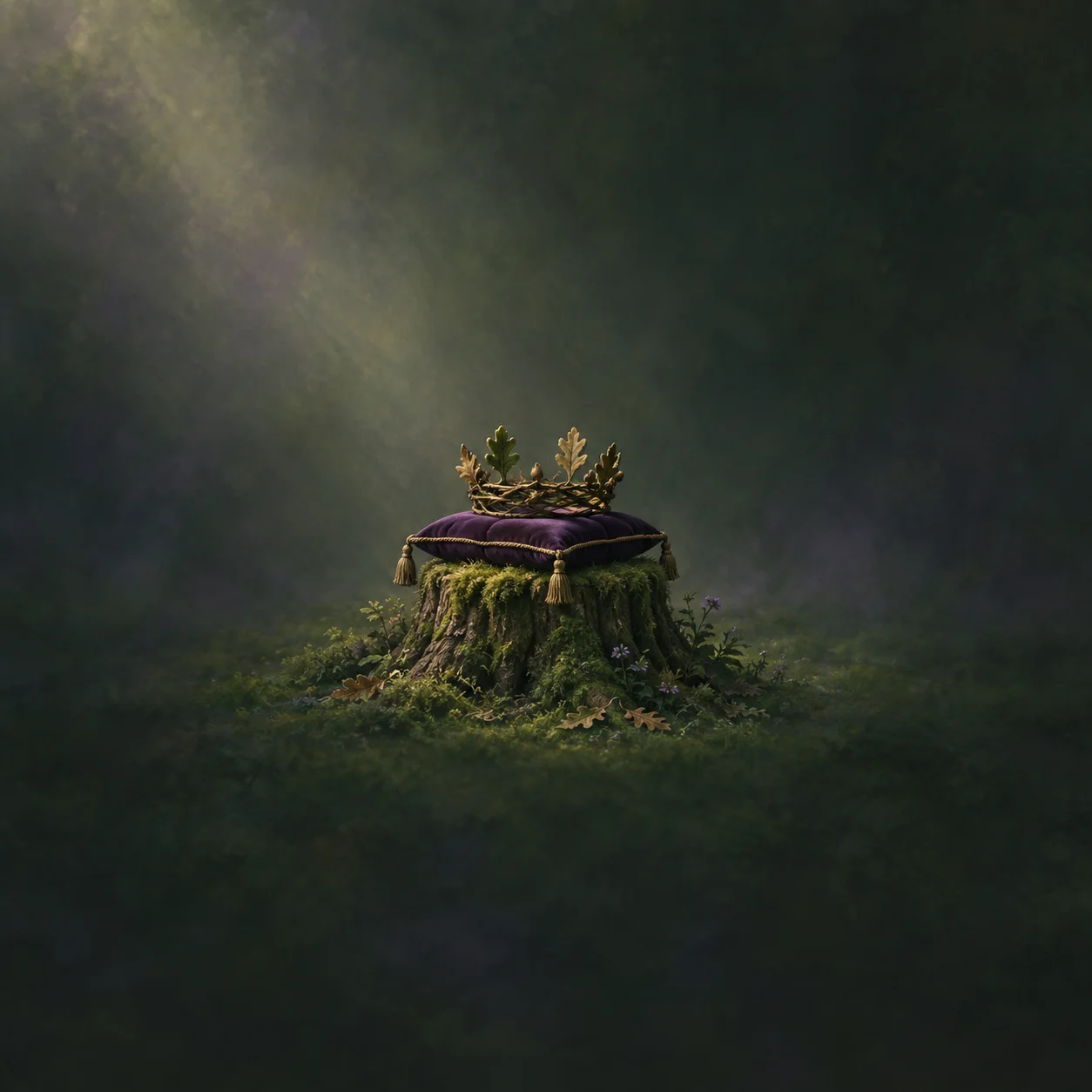 A twig-and-oak-leaf crown rests on a violet cushion atop a mossy stump.