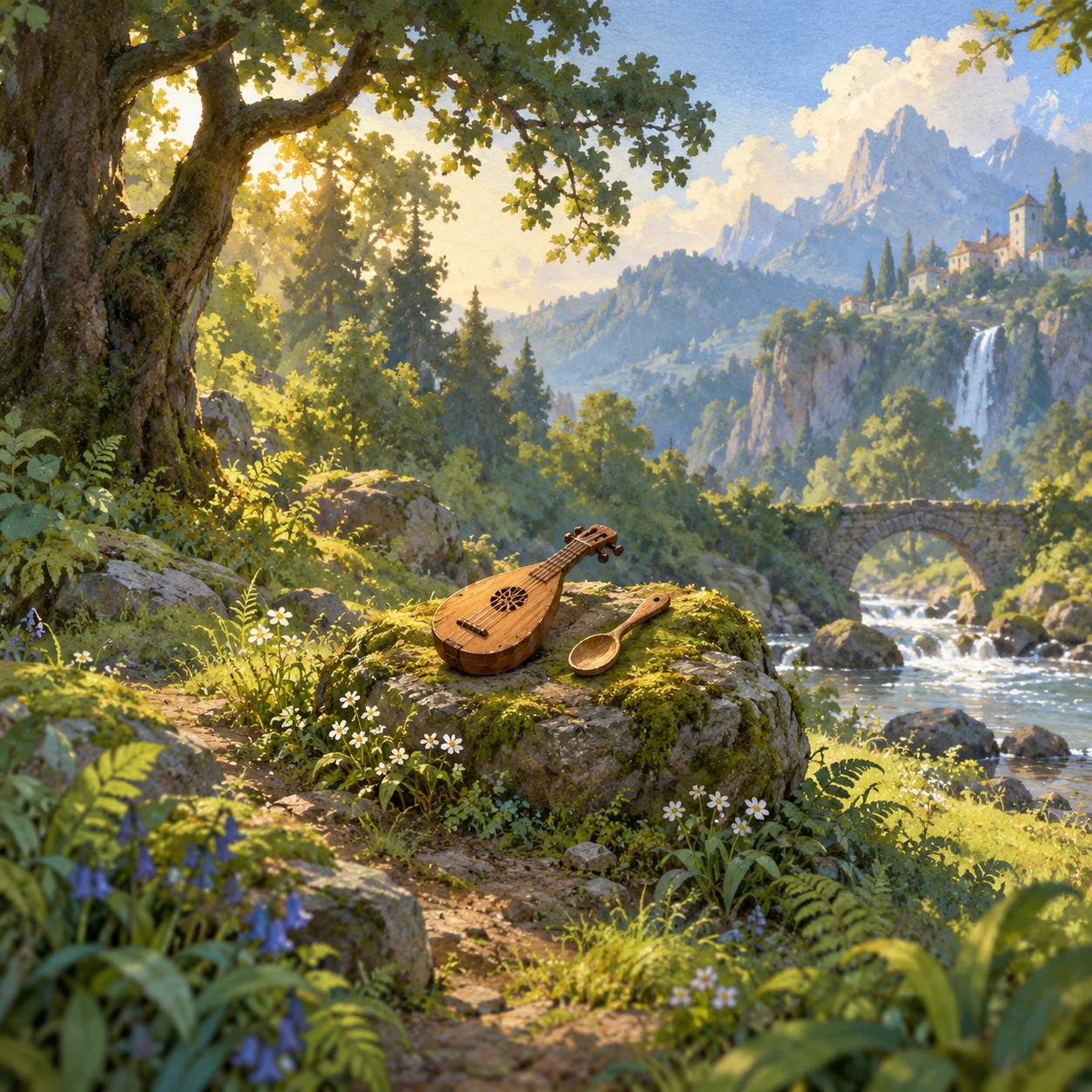 A wooden lute and a wooden spoon rest together on a mossy stone beside a woodland stream, with mountains in the distance.