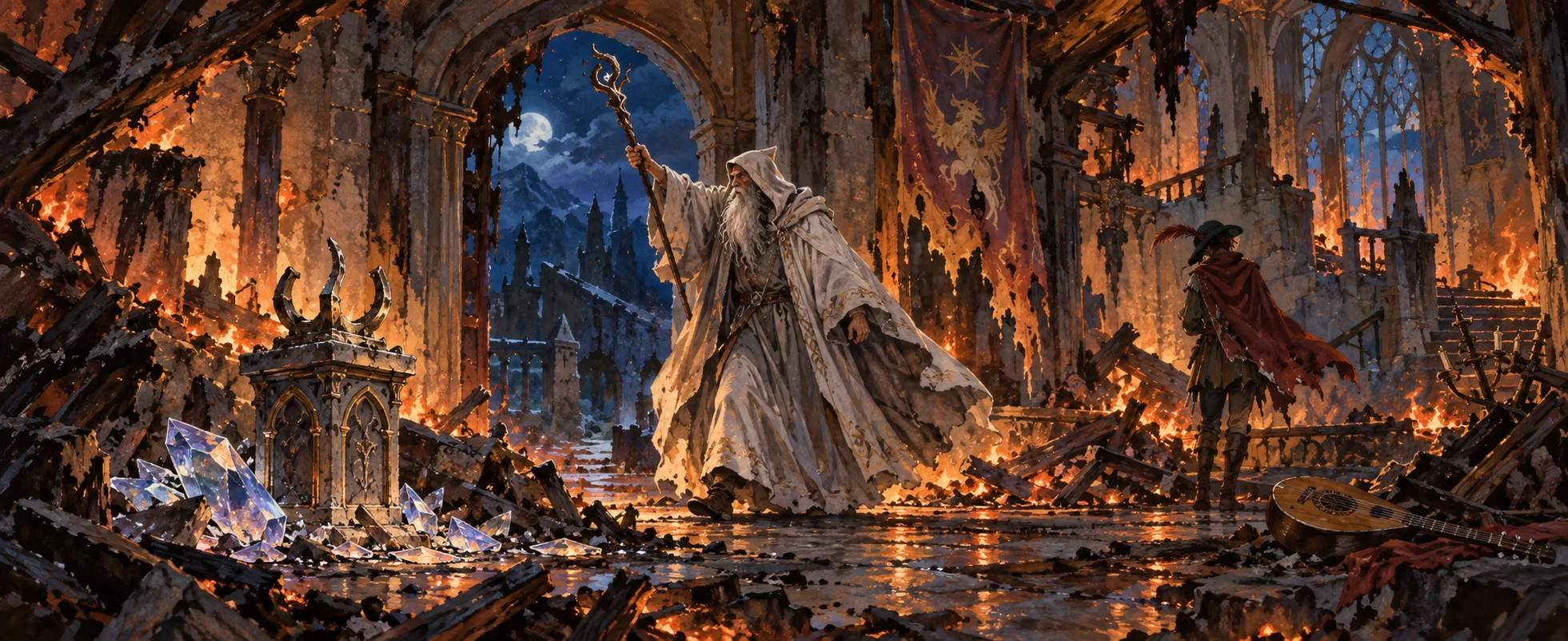 An old white-robed sage raises his staff in fury in a burning castle hall as a young bard in red stands in the ruins.
