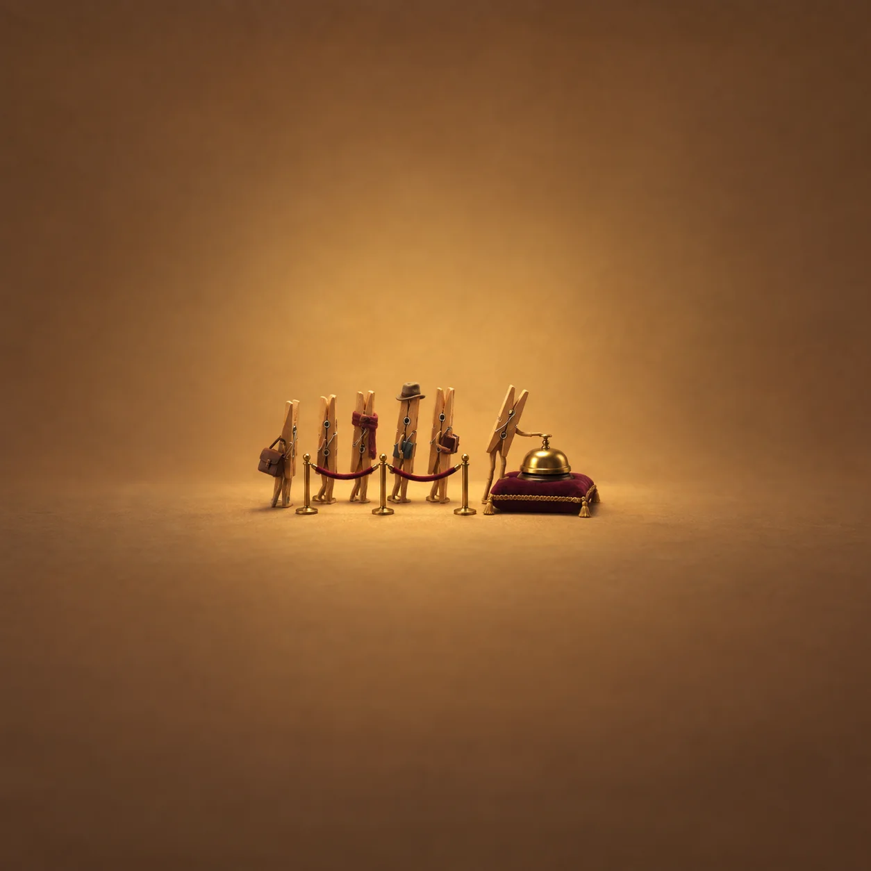 A row of wooden clothespin figures queued in front of a small brass bell on a maroon cushion.