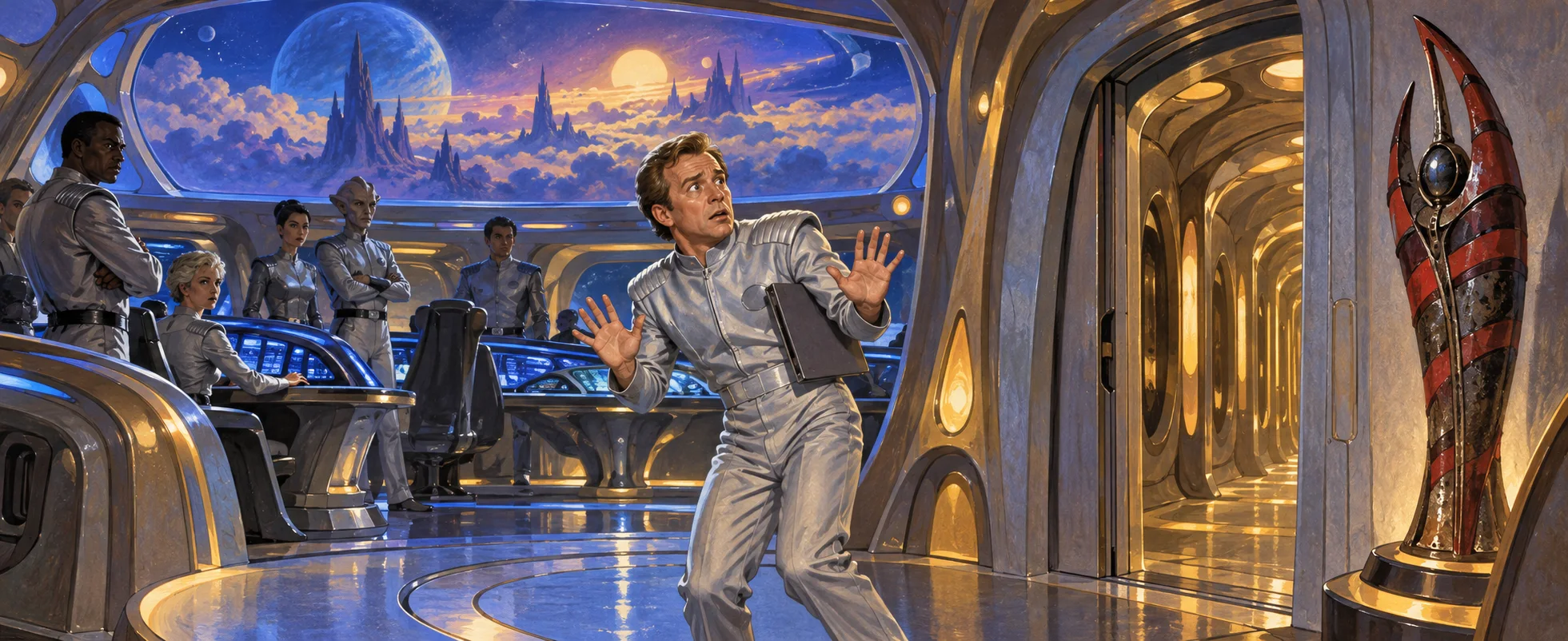 A panicking crewman in a silver uniform backs away across the bridge of a gleaming starship as the crew watch.