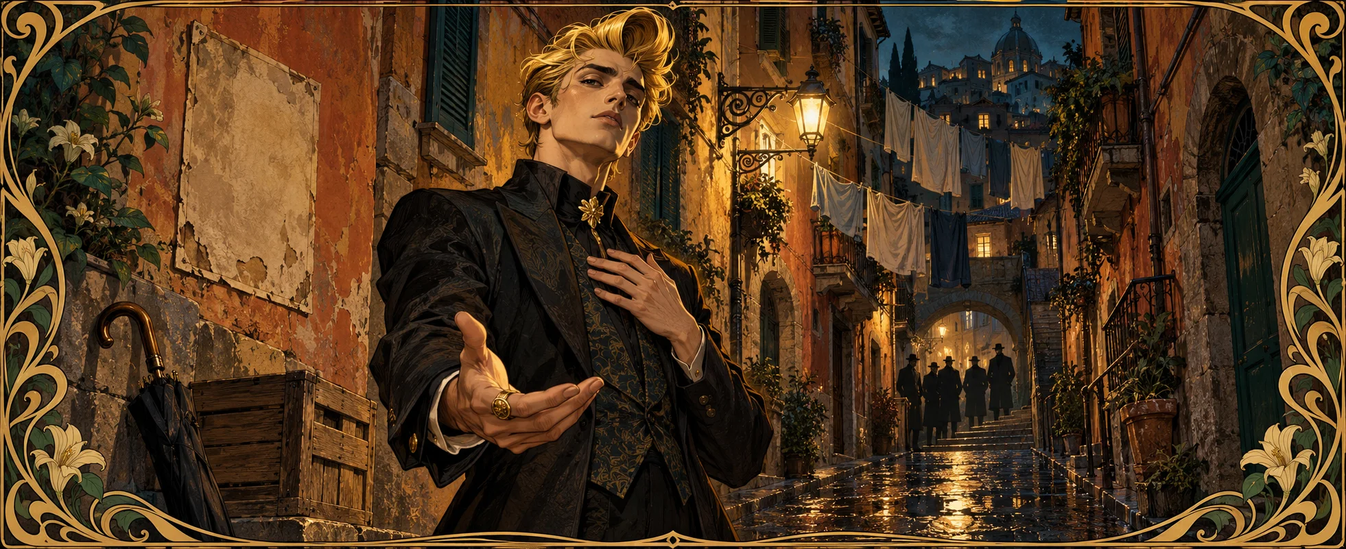 A blond young man in a dark suit gestures elegantly in a lamplit Italian alley, framed by gold ornament.