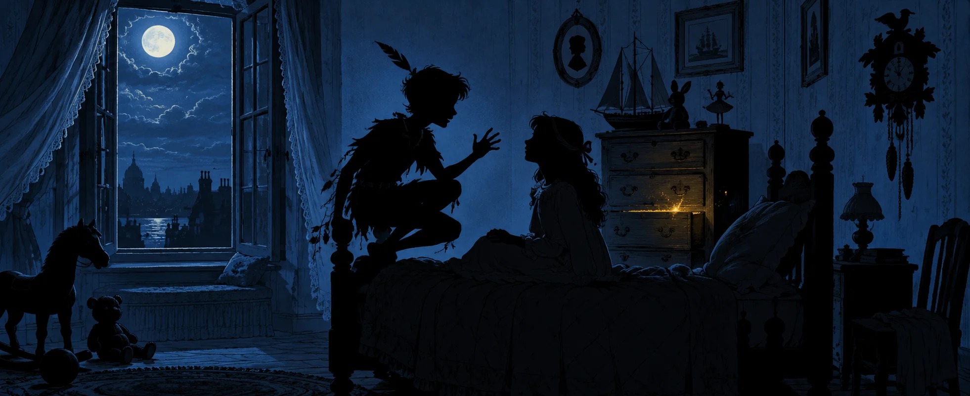 Silhouette illustration: a boy in a leafy tunic crouches on a bed beside a girl in a moonlit Edwardian nursery.