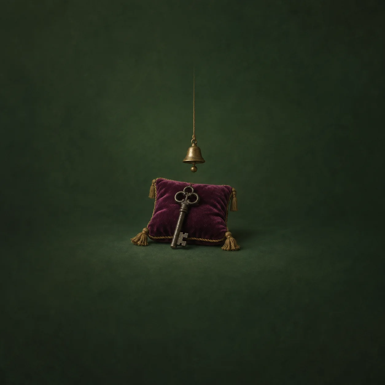 An iron key on a plum velvet cushion with a tiny brass bell hanging above it against a deep green background.