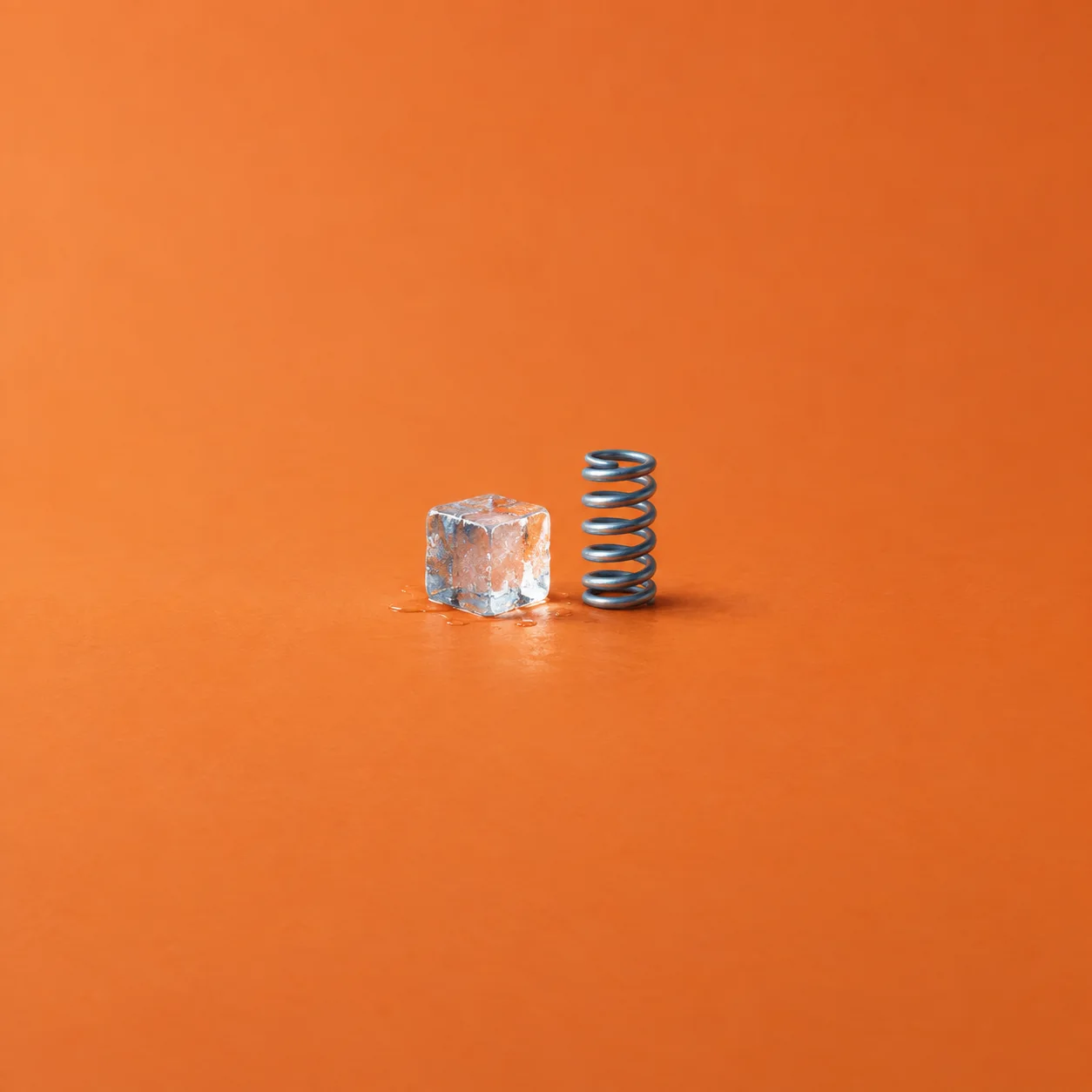 An ice cube stands beside an upright metal coil spring on an orange surface.