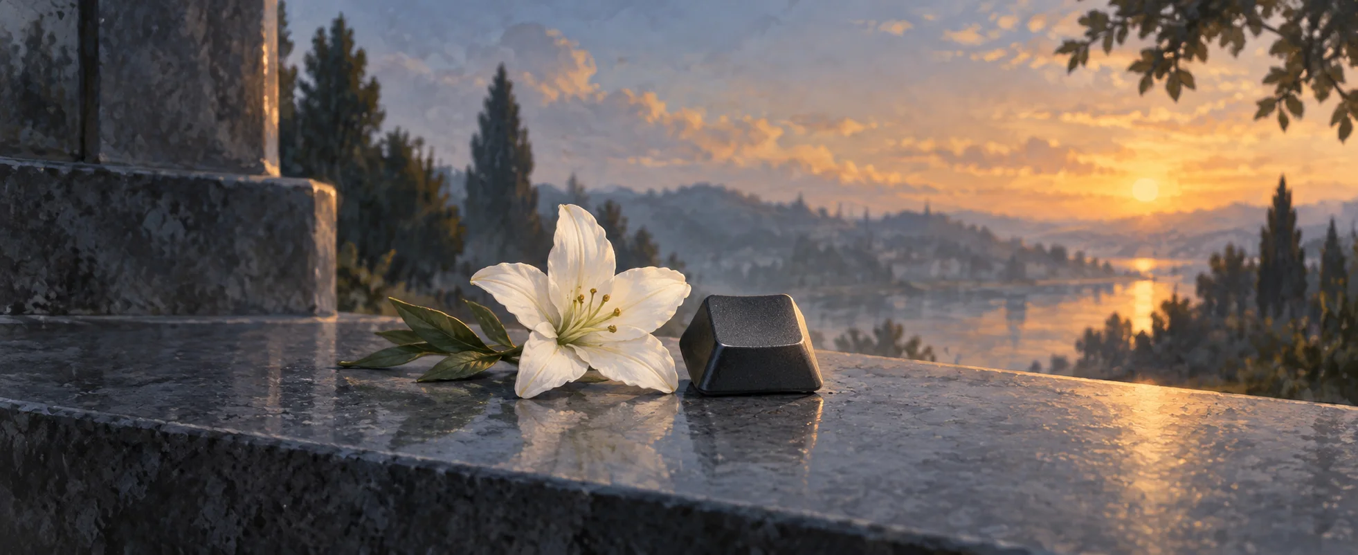 A single white flower rests beside a plain dark keyboard key on a polished grey memorial ledge.