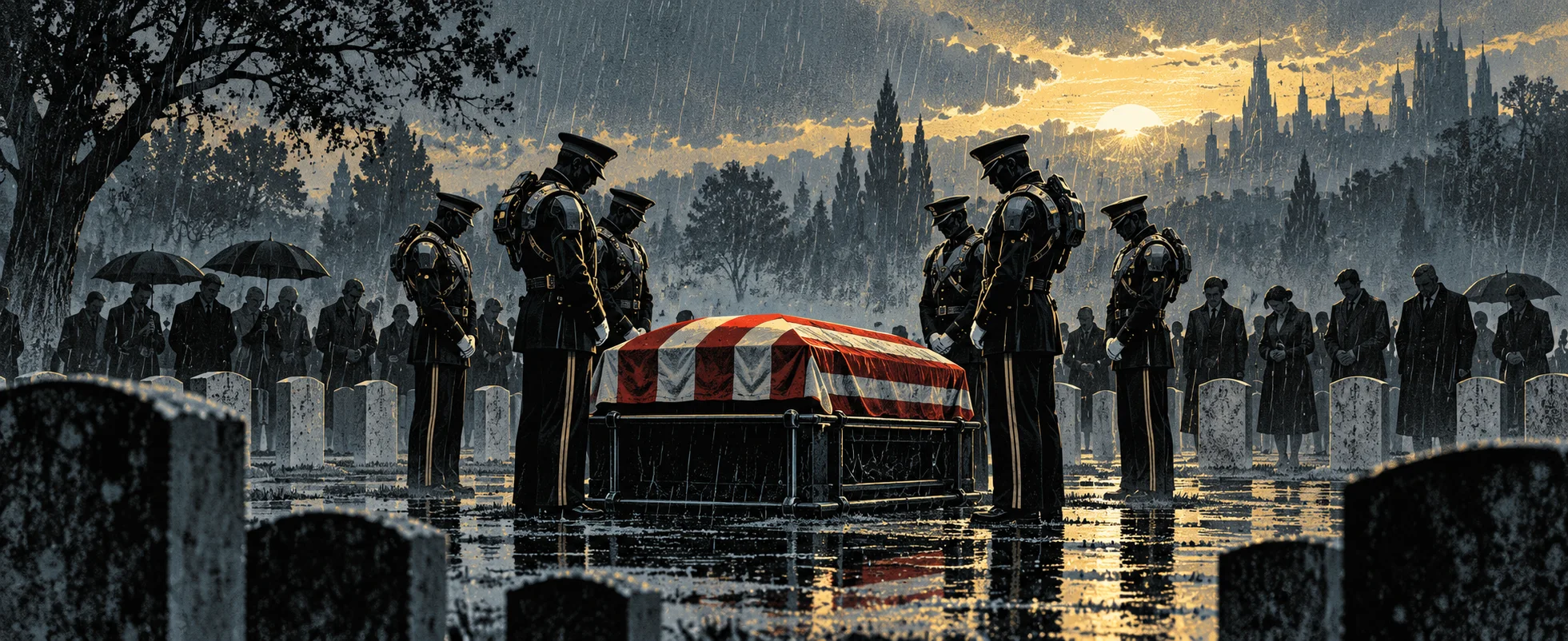 Soldiers in dress uniform stand at a flag-draped coffin in a rain-soaked cemetery as mourners with umbrellas wait.