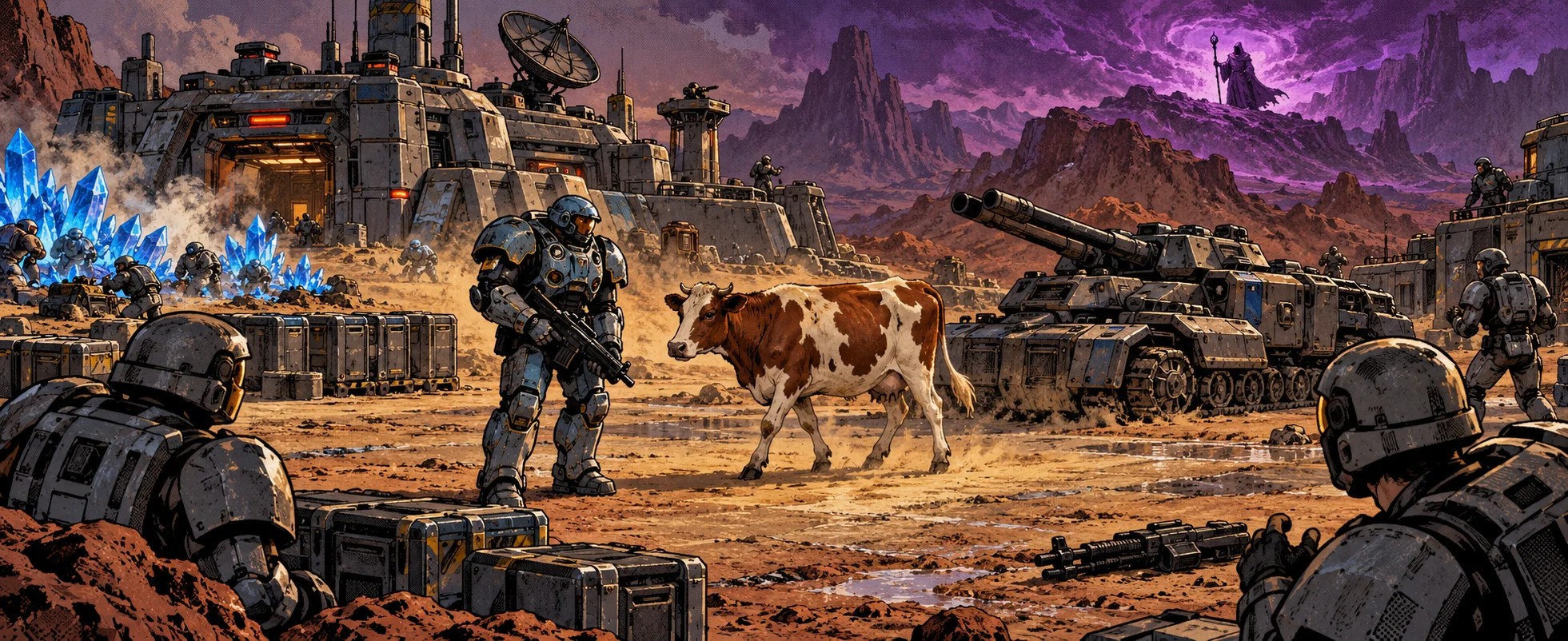 Soldiers in heavy armour and a siege tank pause in a dusty frontier base as a brown-and-white cow wanders through the middle of the camp, a hooded figure glowing purple on a far ridge.