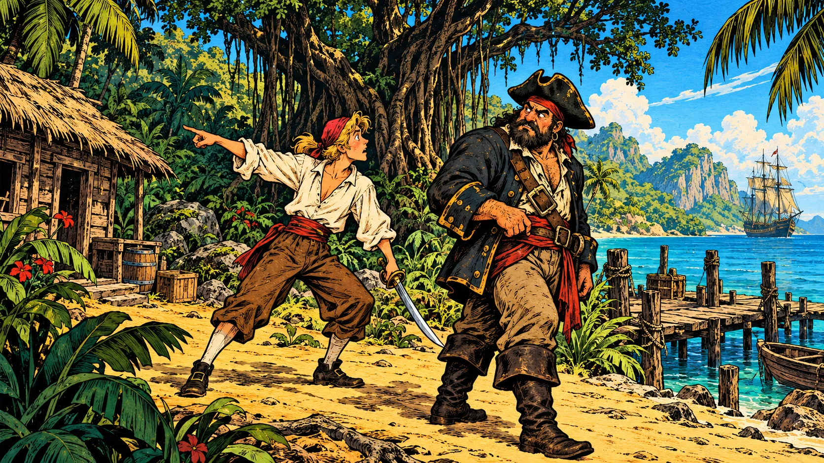 Guybrush Threepwood, a blond young pirate in a white shirt, points dramatically behind a burly, bearded pirate on a sunny Caribbean beach, with a jungle shack, a dock and a tall ship behind.