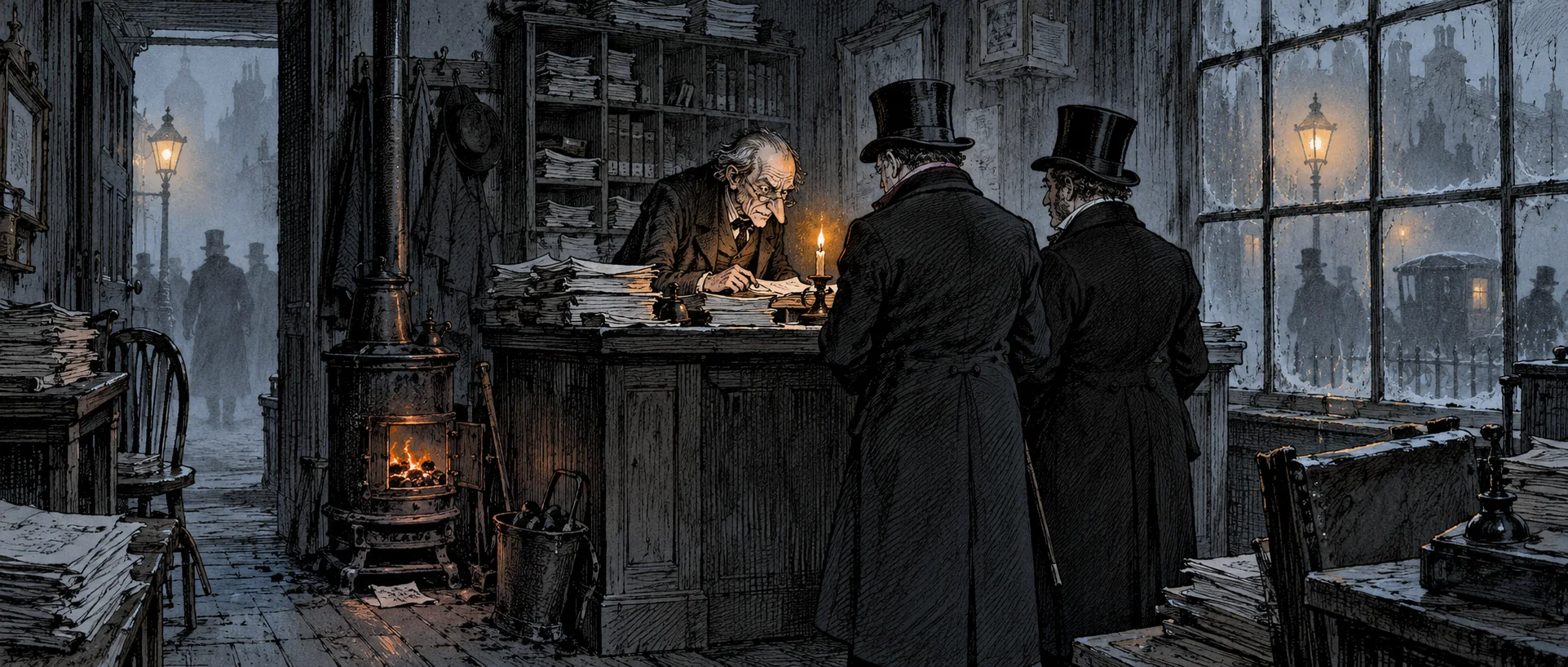 Victorian engraving: two gentlemen in top hats appeal to a sour old miser hunched at his desk in a cold counting-house.