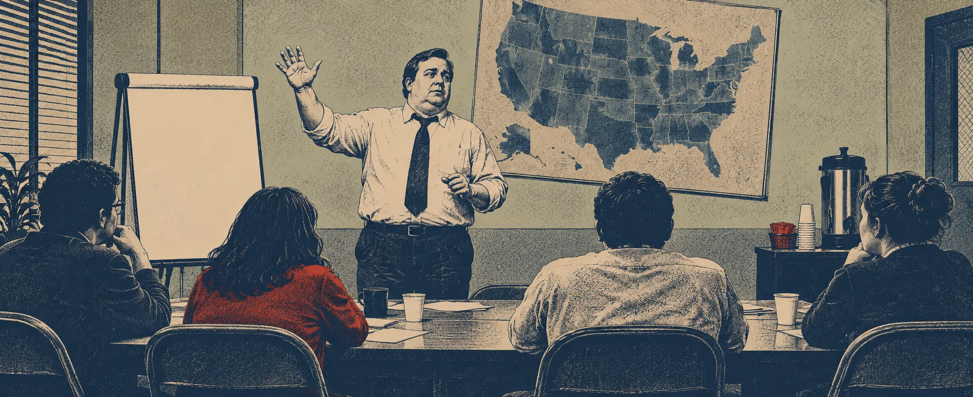 A manager gestures grandly at a meeting before a map of the United States as staff listen.