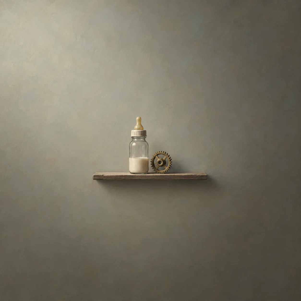 A glass baby bottle partly filled with milk stands beside a small brass gear on a narrow shelf.