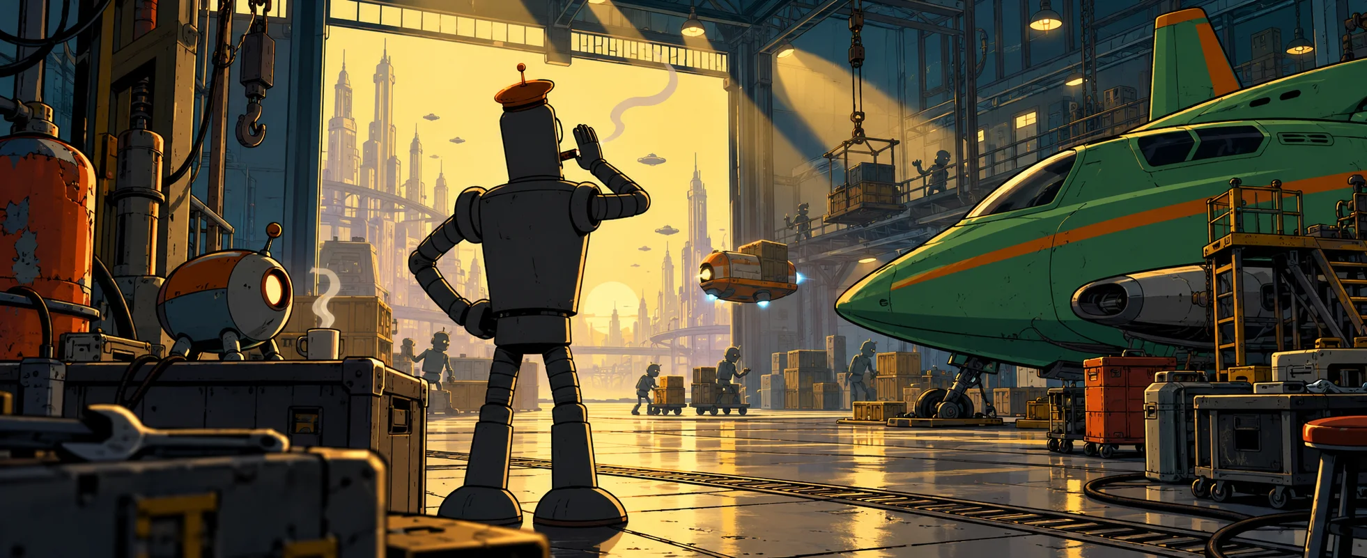 A tall grey robot with a cigar stands in a sunlit spaceship hangar beside a green delivery ship, crates and workshop clutter around.