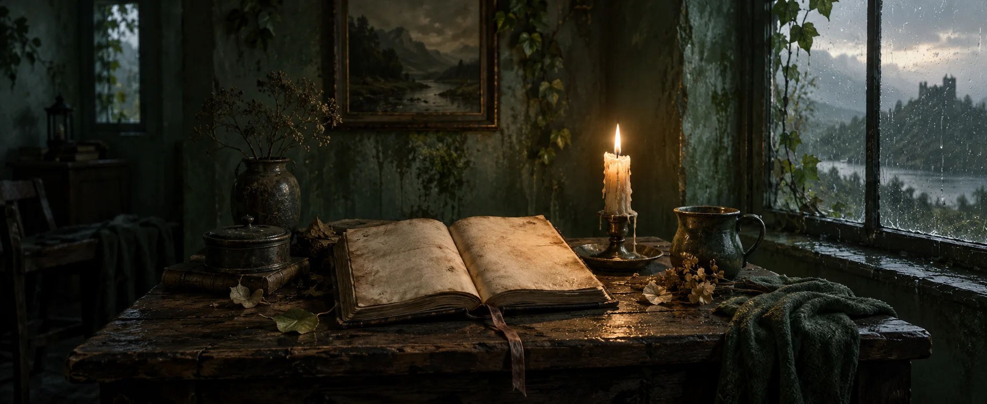 A worn open diary rests beside a burning candle in a damp green-grey room.