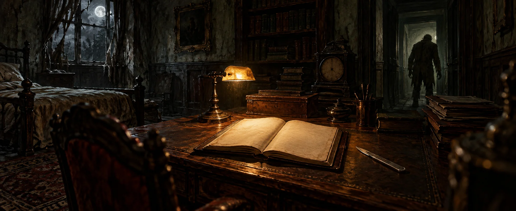 An open diary lies under a desk lamp in a dark mansion bedroom as a shambling figure waits in the doorway.