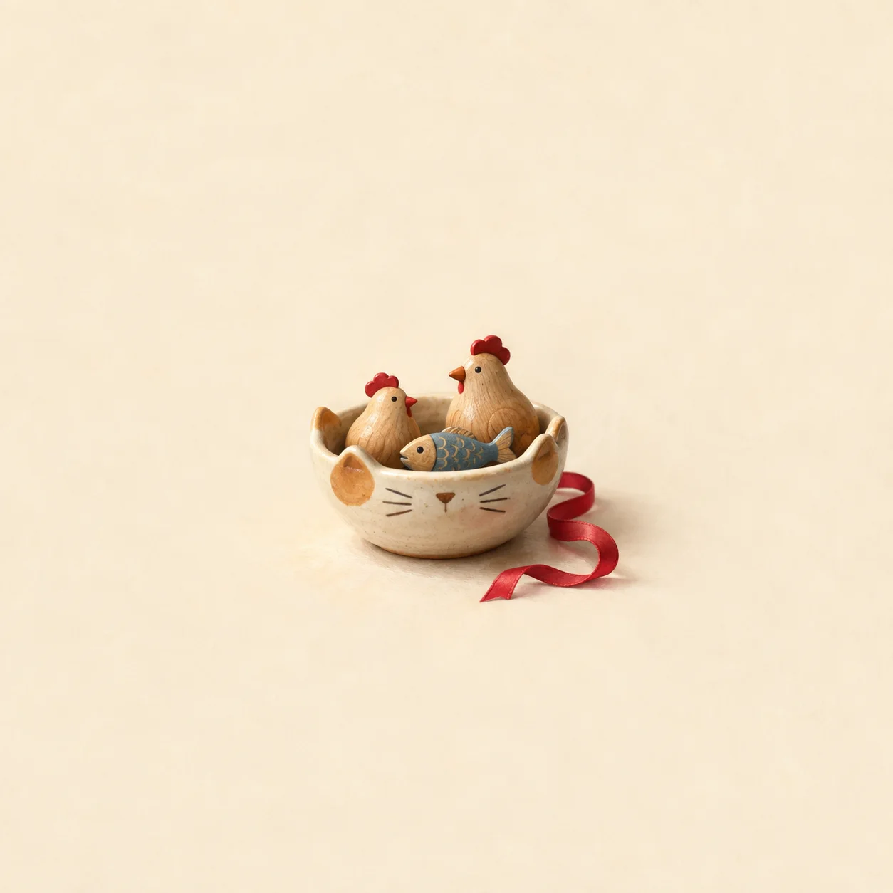 Two small chicken figures and a blue fish sit in a cat-faced bowl beside a curling red ribbon.