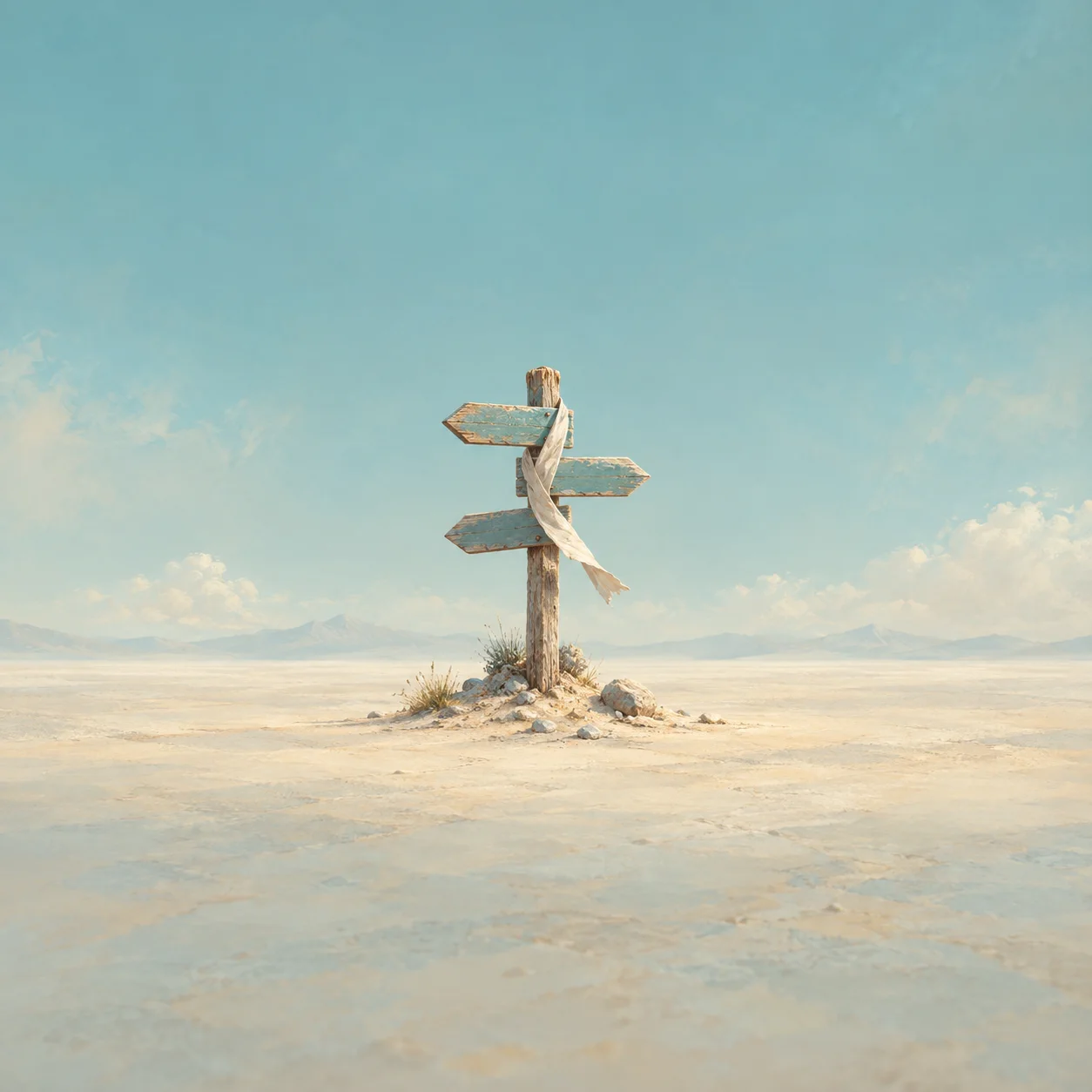Blank turquoise arrows point in different directions from a weathered wooden signpost wrapped in pale fabric.