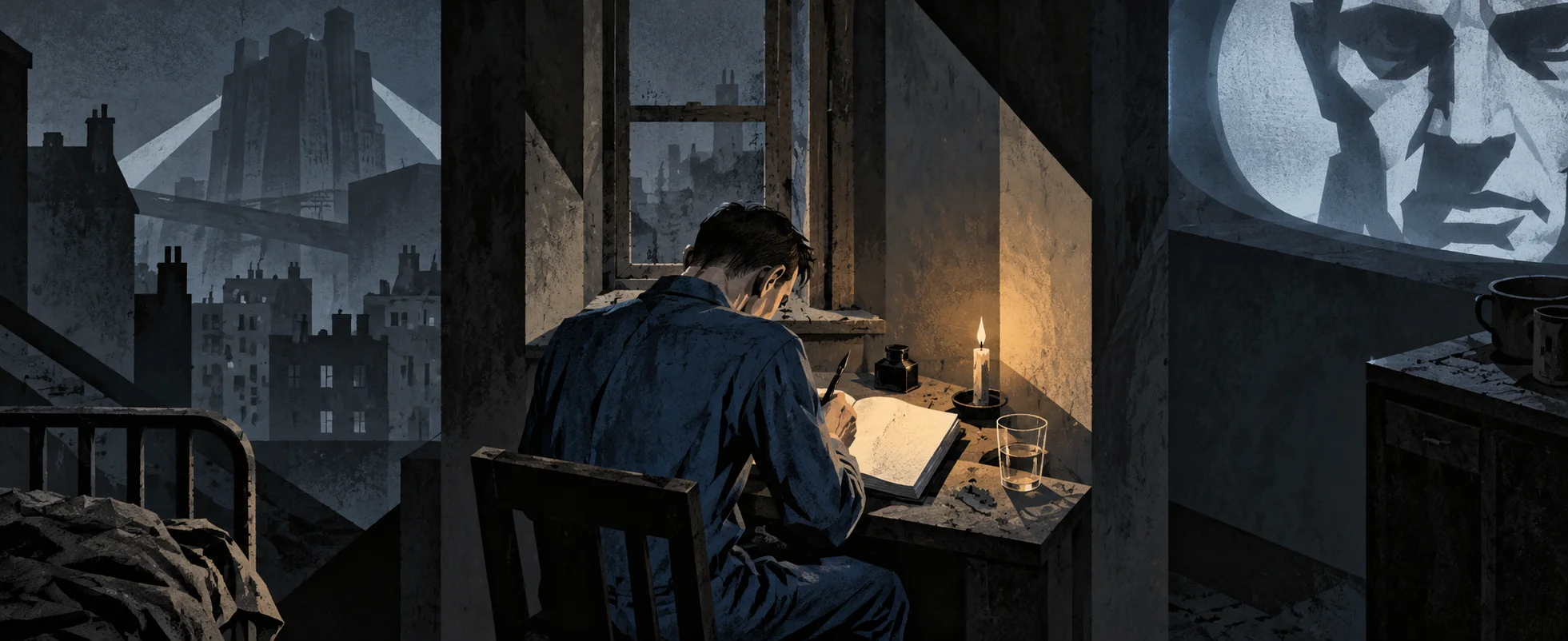A man in a blue overall writes in a secret diary by candlelight in a cramped flat while a huge stern face glows on the telescreen on the wall.