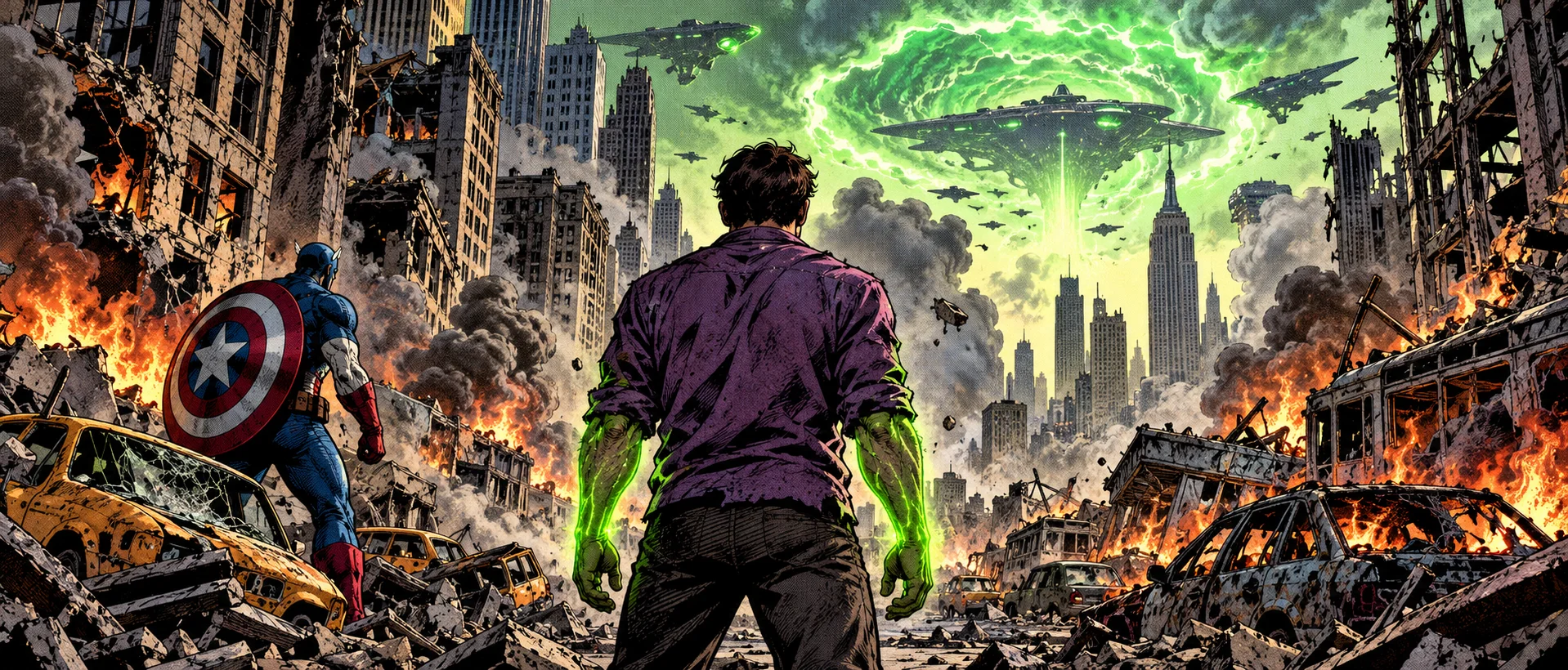 Comic-book panel: a man in a purple shirt, his fists turning green, stands beside a shield-bearing hero in the burning city.