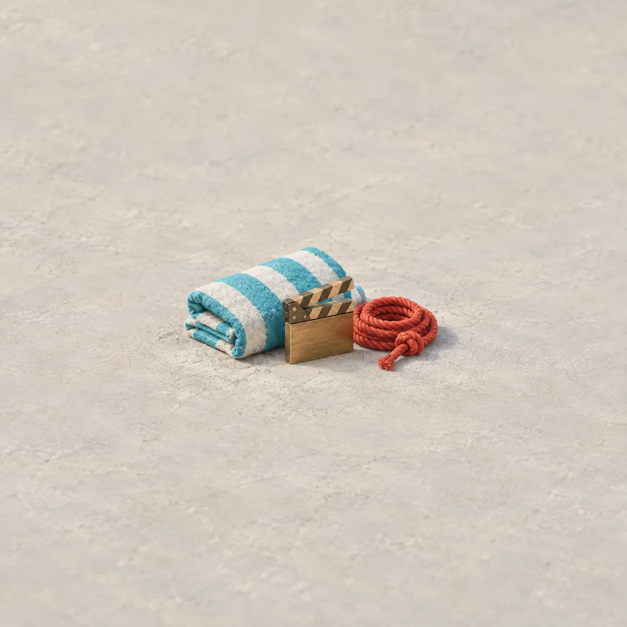A rolled blue-and-white striped towel beside a wooden clapperboard and a coil of red rope.