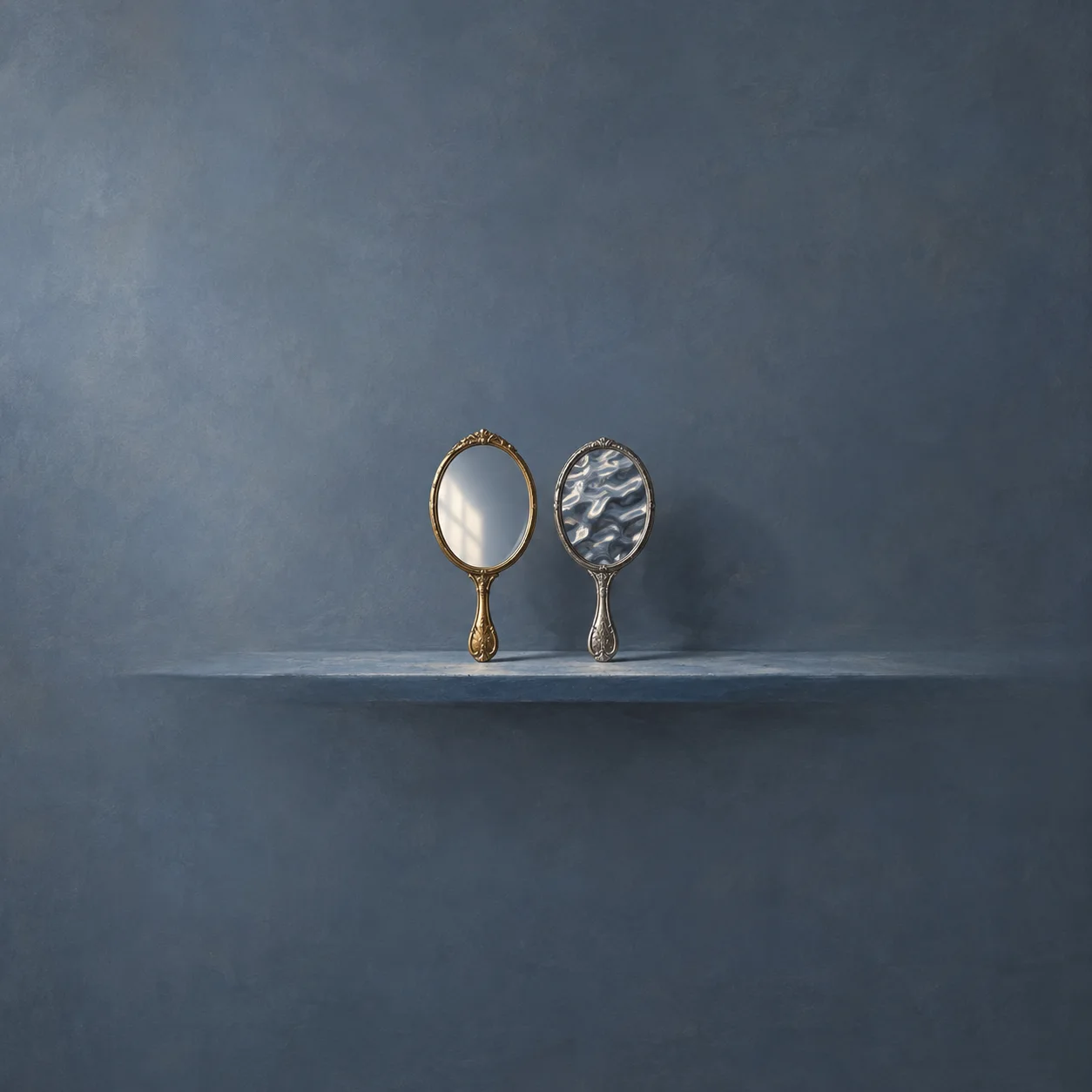 Painterly two upright hand mirrors, one smooth and one distorted, on a blue-grey shelf.