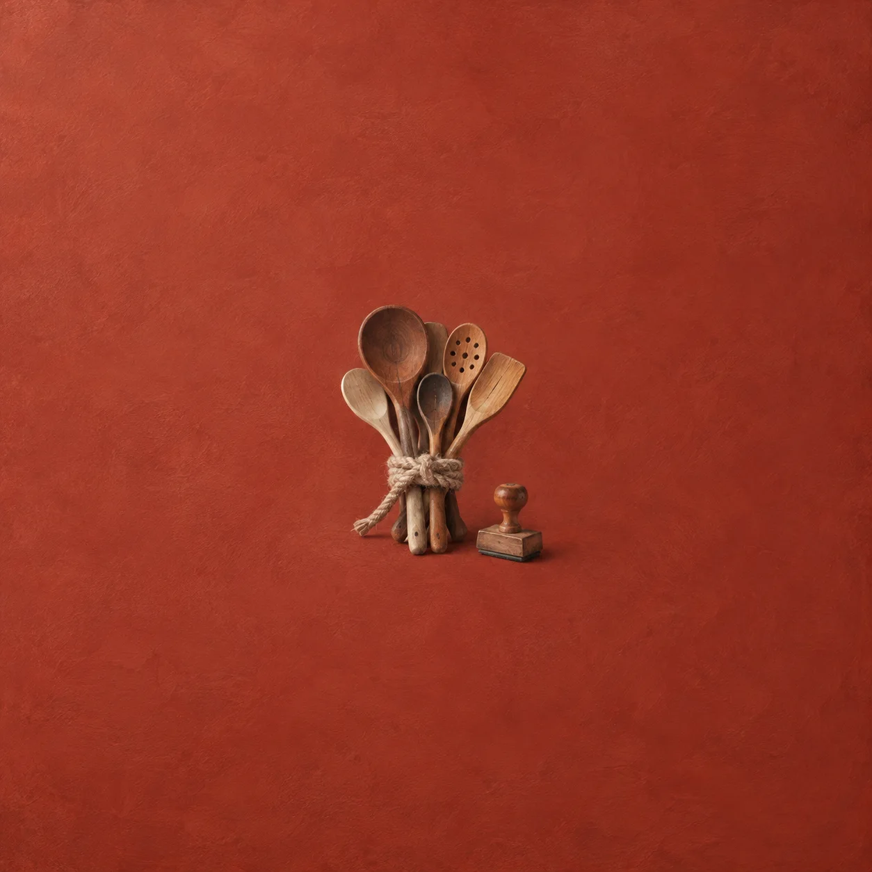 A bundle of mismatched wooden spoons tied with rope, with a plain rubber stamp beside it on a brick-red background.