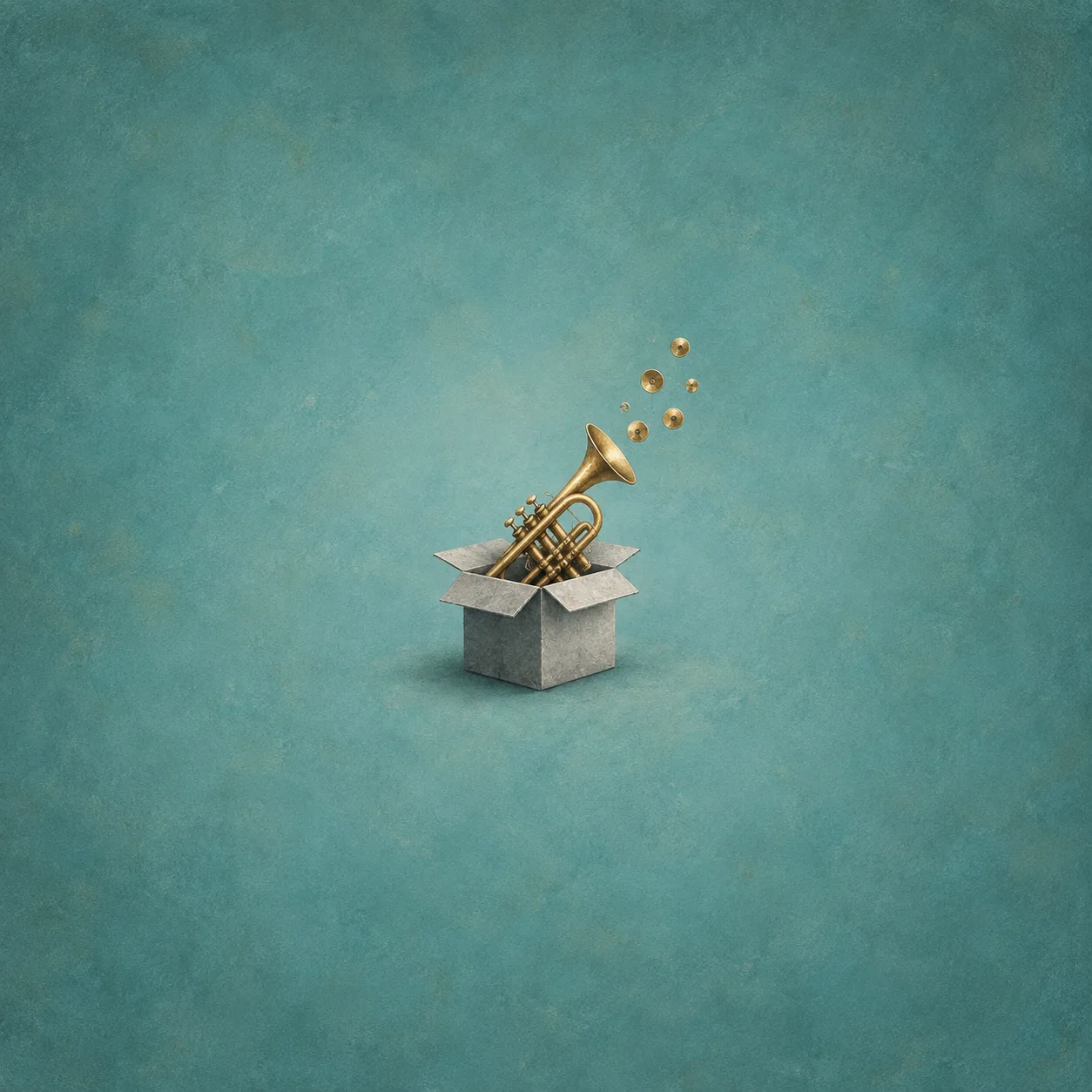 A brass trumpet emerges from an open grey box beneath floating gold discs against turquoise.