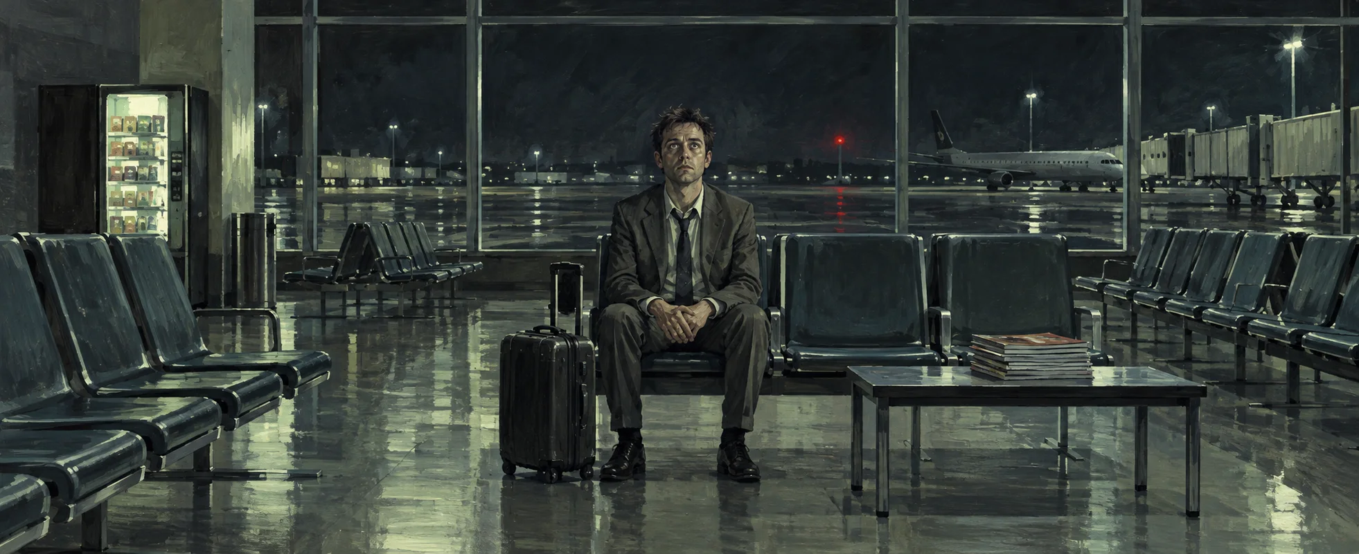 A tired man in a suit sits alone among rows of seats in an empty airport lounge at night.