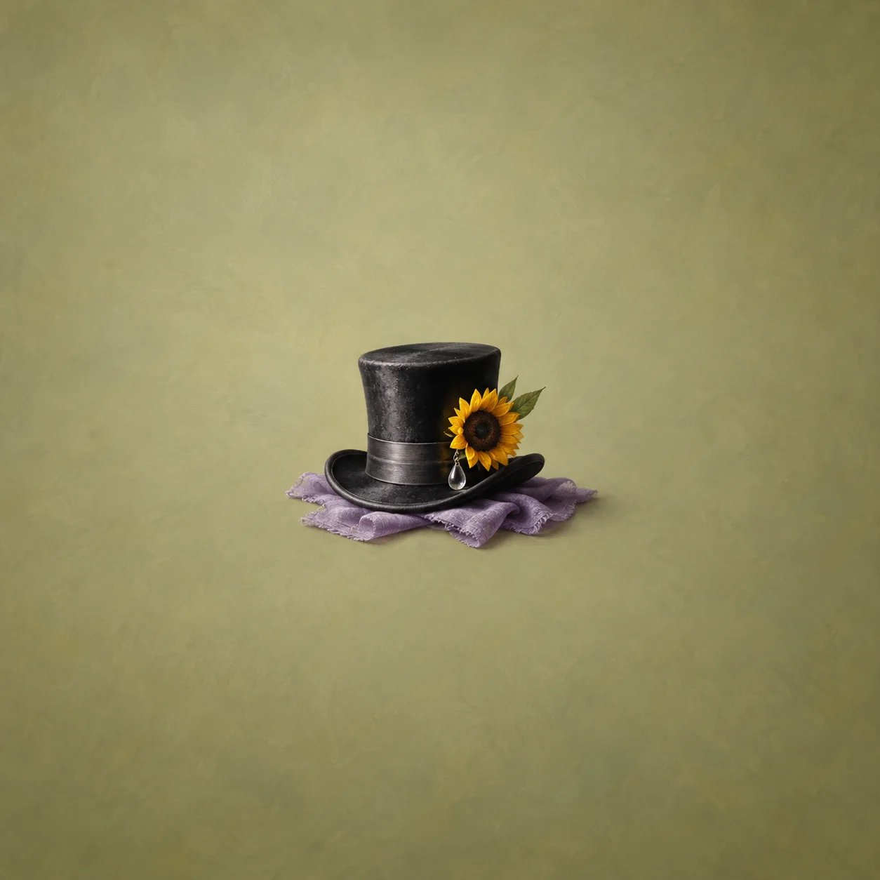 A small black top hat with a sunflower in its band and a glass teardrop bead on a lavender cloth.