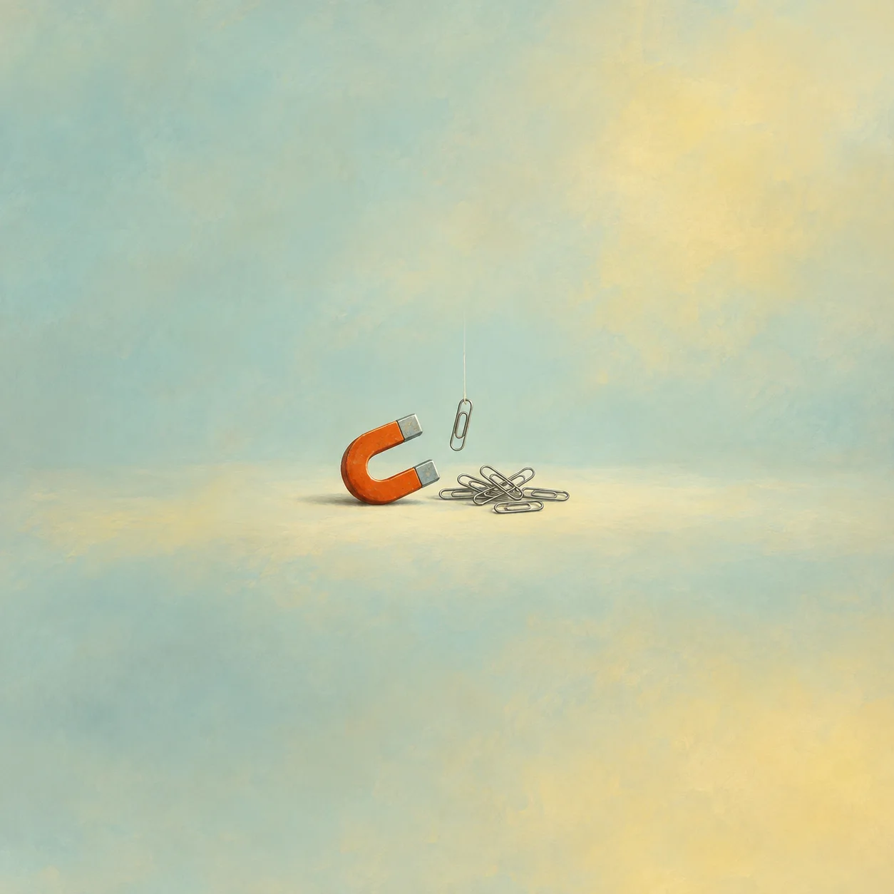 An orange horseshoe magnet sits beside scattered paper clips and one clip suspended from a fine thread.