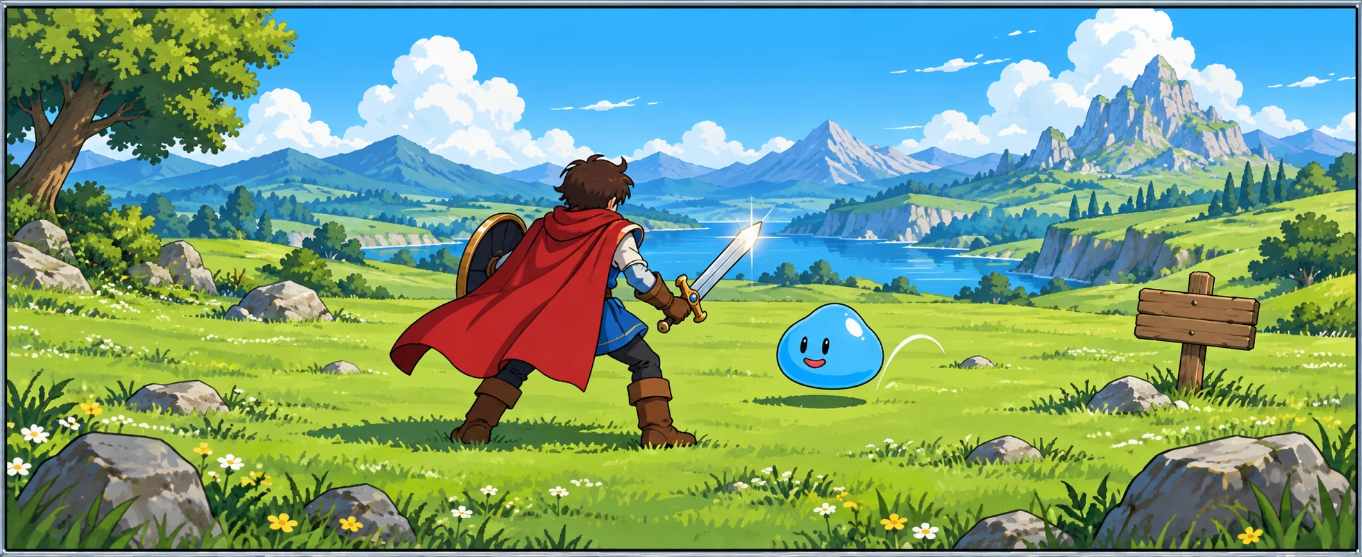 A hero in a red cape faces a smiling blue blob creature in a sunny green meadow.