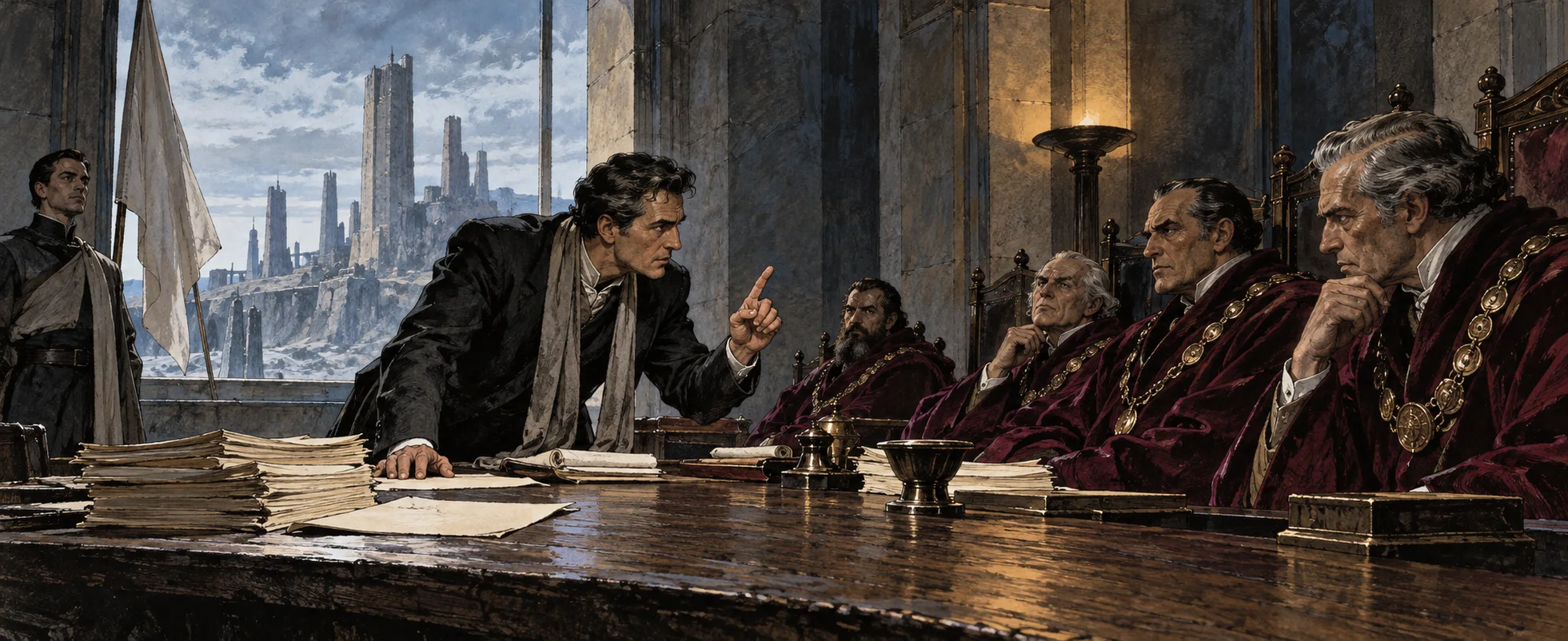 A mayor in a dark coat leans across a long council table, pointing a finger at a row of robed officials, a city of towers beyond the window.