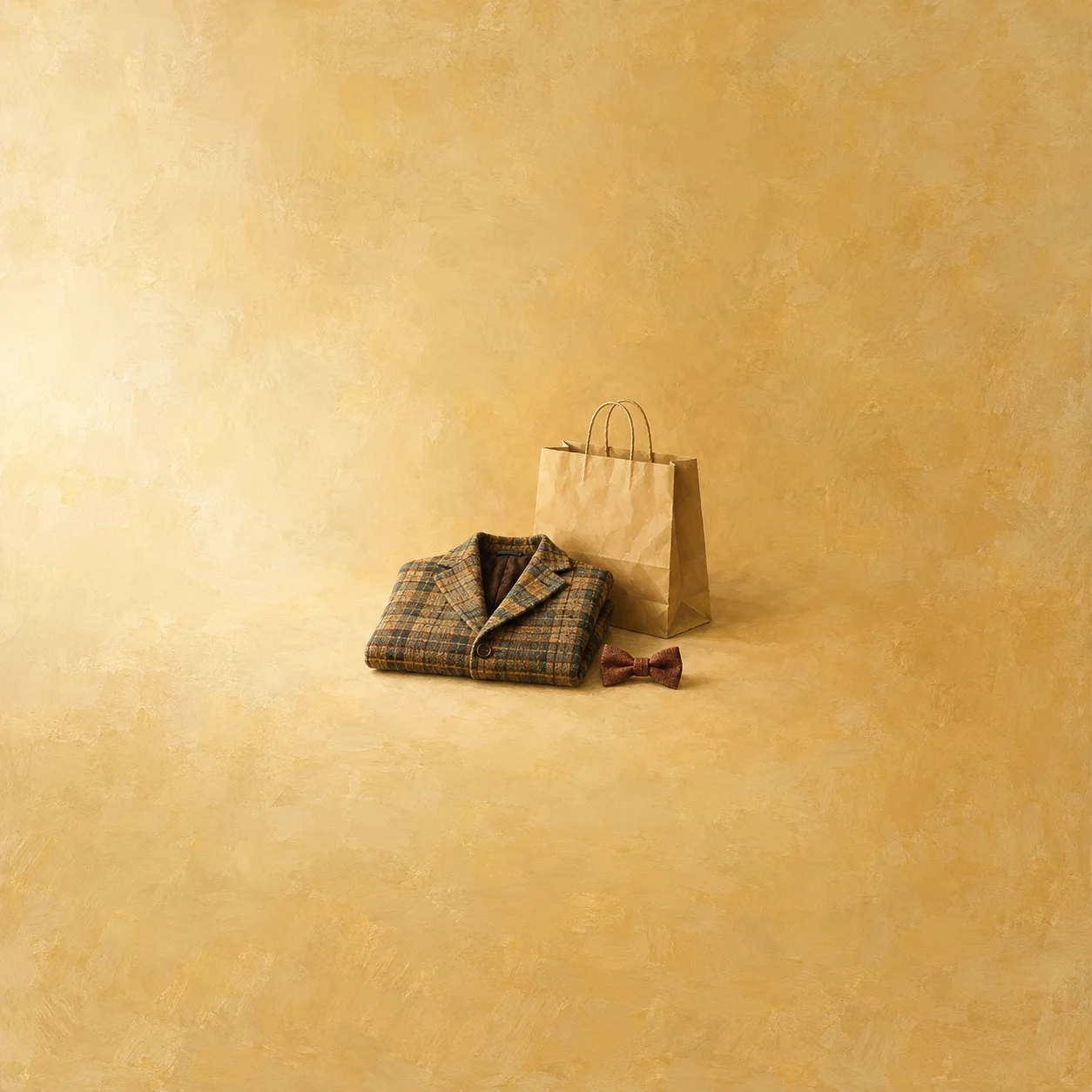 Painterly folded plaid jacket and bow tie beside a paper shopping bag.