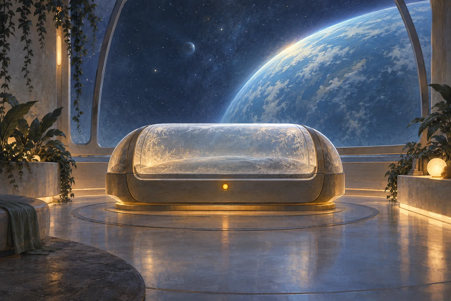 A frosted glass sleeping chamber glows softly before a wide window overlooking a blue planet.