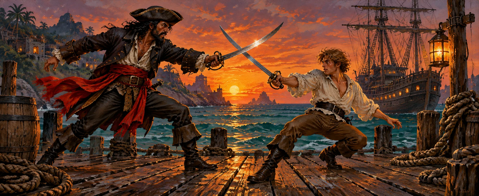 A swaggering pirate and a gangly young man cross swords on a harbour dock at sunset.
