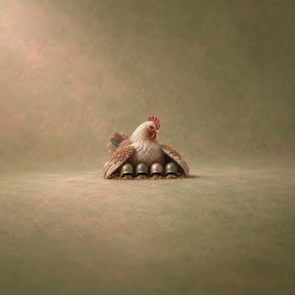 A felt hen with a row of small tin helmets tucked beside her on an olive and rose background.