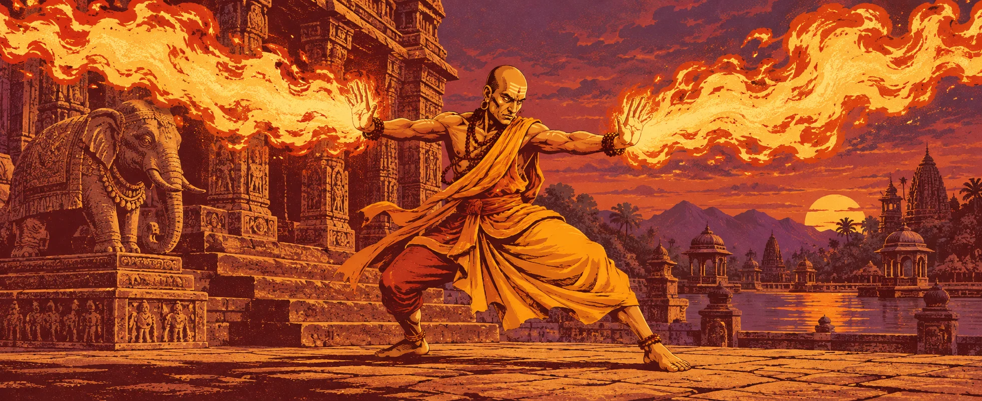 A monk in saffron robes breathes streams of fire in front of a sunlit stone temple.
